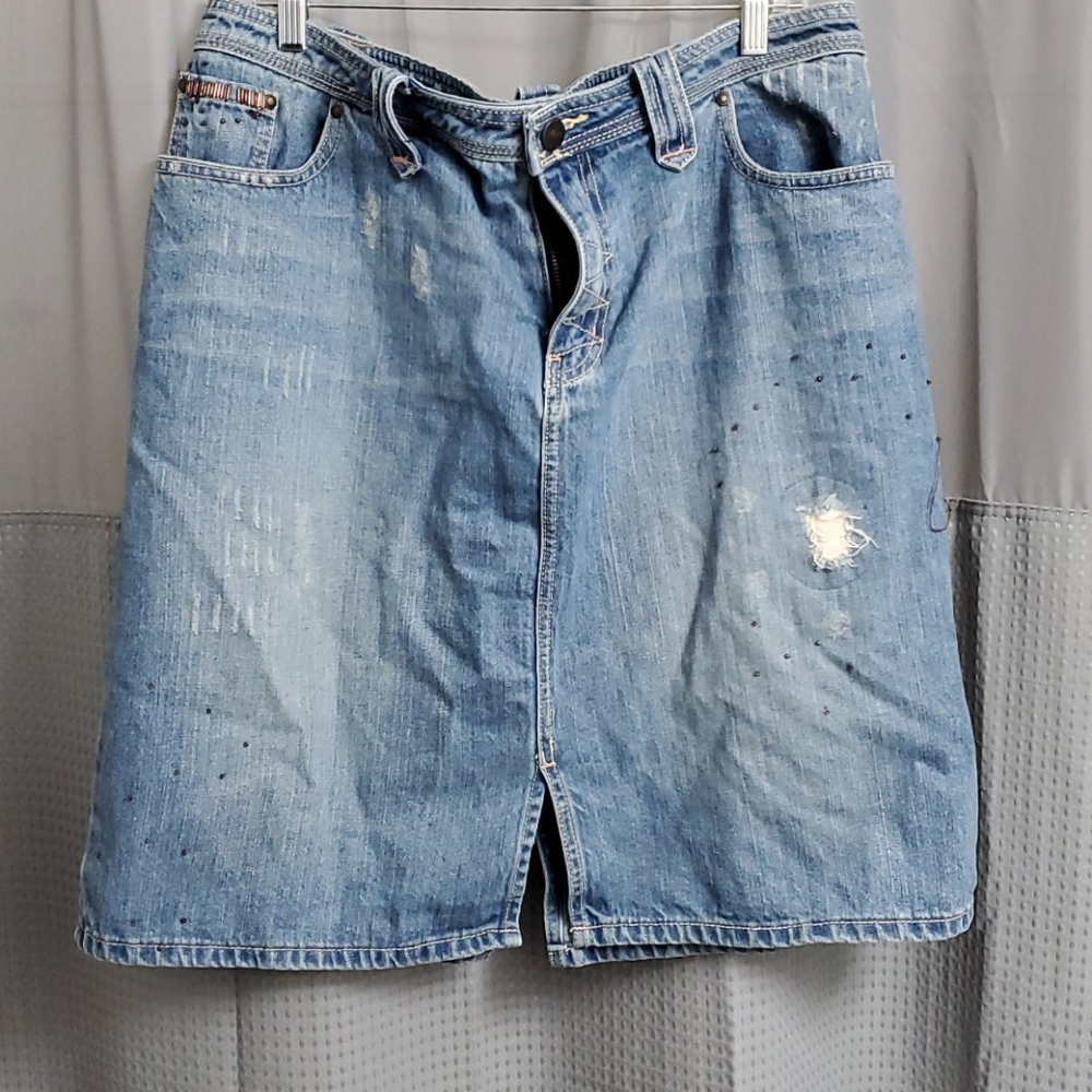 Venezia denim skirt 18, distressed w/ pink beads
